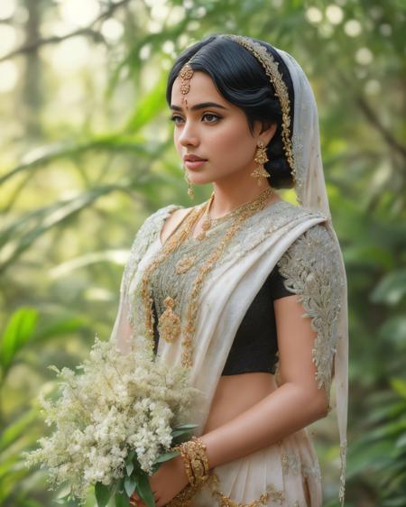 fashion photography portrait of indian girl with black hair, in lush jungle with flowers, 3d render, cgi, symetrical, octane render, 35mm, bokeh, 9:16, (intricate details:1.12), hdr, (intricate details, hyperdetailed:1.15), (natural skin texture, hyperrealism, soft light, sharp:1.2), detailed, sunlight passing through foliage, <lora:KandyanDress_V1:0.8>, blue saree, 8k details, masterpiece, best quality, award winning photo, photorealistic, highly detailed, raw photo, realistic natural skin textures, rim light, hyperrealistic, low contrast, sharp focus, soothing tones, intricate, low key, masterpiece, best quality, award winning photo, photorealistic, highly detailed, raw photo, realistic natural skin textures, rim light, hyperrealistic, low contrast, sharp focus, soothing tones, 8k details, intricate, low key