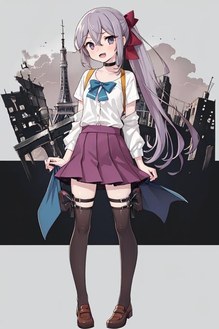 <lora:fujikawa-18:1>, 1girl, solo, long hair, high ponytail, fang out, ringlets, hair between eyes, small breasts, pale color, purple theme, upturned eyes, eyelashes, ribbon choker, ribbon, school uniform, full body, hair ribbon, shirt, cityscape,