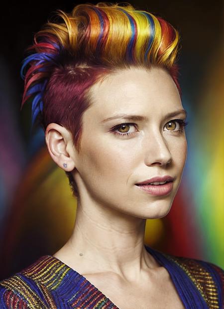 portrait of sks woman by Flora Borsi, style by Flora Borsi, bold, bright colours, rainbow Mohawk haircut, ((Flora Borsi)), <lora:locon_anna_v1_from_v1_64_32:1.25>