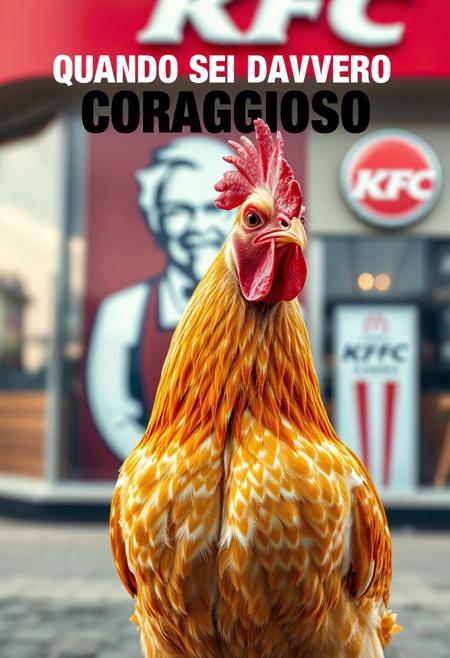 “A realistic, detailed chicken standing confidently in front of a KFC restaurant. The chicken has bright feathers, a sharp gaze, and a proud stance as if aware of its surroundings. The KFC logo is visible in the background, slightly blurred for depth. The scene is captured in a cinematic style with balanced lighting, slightly warm tones, and a shallow depth of field. The image should have high detail in the feathers and a slightly humorous undertone, emphasizing the irony of the setting. Overlay text in bold white font with black outline at the top: ‘QUANDO SEI DAVVERO CORAGGIOSO’.”