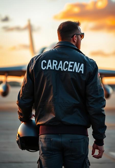 photp of an handsome war pilot walking to his F16 war plane on sunset. PHoto taken from behind. He is wearing a classic pilot jacket with his name "CARACENA" written on the back of the jacket. wearing pilot sunglass and holding his helmet.