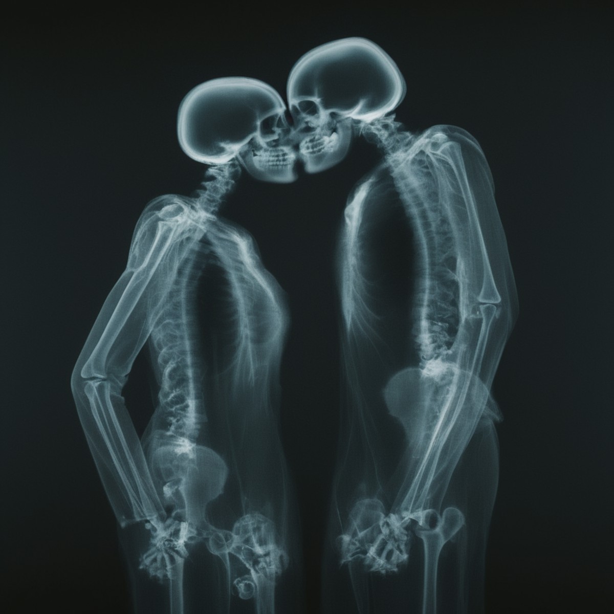 cinematic film still of  <lora:x-ray style:1> X-ray of
a couple of skeletons standing next to each other kissing
,x-ray st...