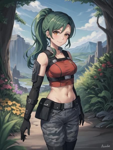 best quality, (masterpiece:1.2), illustration, absurdres,
(1girl, solo), (beautiful detailed girl), 
particles, enchanting, magical, magic,
<lora:Aida-08:0.8>, green hair, ponytail, orange eyes, medium breasts, (abs:0.8), red vest, combat vest, bare shoulders, black gloves, grey pants, camouflage, black boots, black gloves,
magical forest, flowers, distant mountains, sky, clouds
(looking at viewer, proud, (smile:0.8))