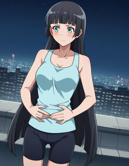 akemi souryuuin, long hair, bangs, black hair, very long hair, blunt bangs, aqua eyes, hime cut, medium breasts, skirt, shirt, bow, school uniform, white shirt, short sleeves, collared shirt, bowtie, red bow, red bowtie, shorts, tank top, bike shorts, collarbone,