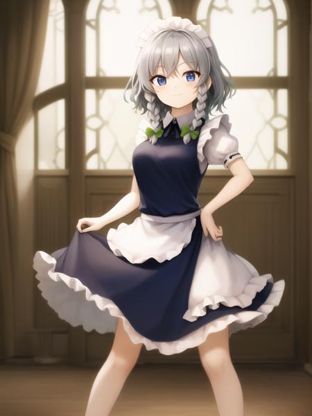 masterpiece, best quality, <lora:zun-v2a-10:0.925>,
cowboy shot, full body, standing, dynamic pose, light smile, holding, knife, hand on hip, contrapposto,
(solo), (1girl), izayoi sakuya, silver hair, medium hair, twin braids, blue eyes, medium breasts,
maid headress, blue dress, puffy short sleeves, maid apron, blue medium skirt, white apron, white socks, short socks, barelegs, blue footwear, high heels, green hair bow,
gothic mansion, living room