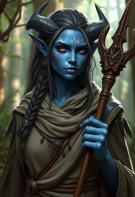 (((detailed, beautiful, high quality))), female tiefling, blue skin, white sclera, no iris, blank eyes, druid clothing, forest environment, holding druid staff