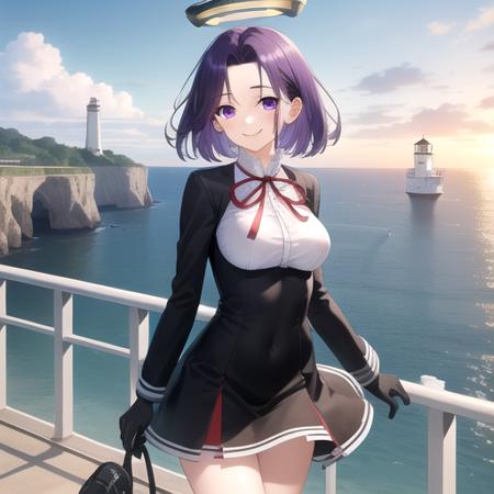 ((masterpiece)),(best quality),official art,extremely detailed CG,unity 8k wallpaper,ultra detailed,A lighthouse on a cliff by the sea,1girl,solo,cowboy shot,mechanical_halo,purple_hair,short_hair,purple_eyes,smile,school_uniform,dress,black_gloves,shoes,medium_breasts,<lora:Tatsuta(kan)>,