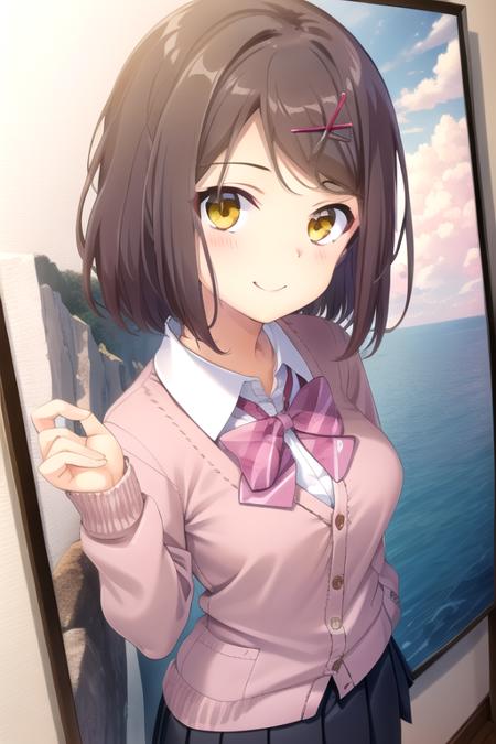 ((masterpiece)),(best quality),official art,extremely detailed CG,unity 8k wallpaper,ultra detailed,beautiful detailed eyes,extremely detailed face,A lighthouse on a cliff by the sea,1girl,solo,upper body,(portrait:1.5),looking at viewer,facing viewer,smile,brown hair,short hair,x hair ornament,hairclip,side swept bangs,yellow eyes,pink cardigan,long sleeves,collared shirt,white shirt,striped bow,bowtie,miniskirt,medium breasts,pleated skirt,black pantyhose,loafers,<lora:Izumi Konatsu(rk):0.9>,