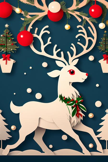 reindeer,  glowing red eyes, christmas tree and lights in the background, <lora:reindeer_papercut_color_variance:0.75>