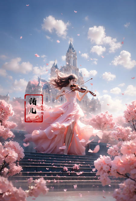 (A girl in a dress is in the air:1.3), playing a violin, (wide shot, wide-angle lens,Panoramic:1.2),super vista, super wide AngleLow Angle shooting, super wide lens,
violinbare shoulderspetalspink dressfrom below(white hair:1.2)blurry foreground
(full body:1.5),
<lora:~Q?-\ct4 violin:0.8>