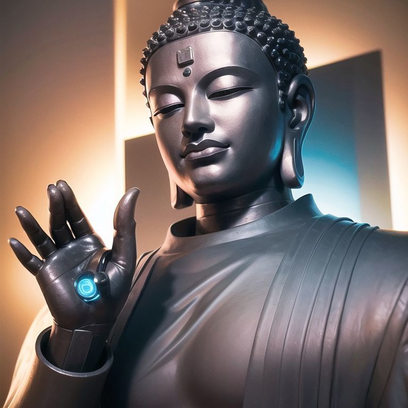 <lora:zyd232_BuddhaStatue_v1.1:0.8>, buddha statue, (metal:1.5), smooth, upper body, ray tracing, (cyborg:1.6), (cyberpunk...
