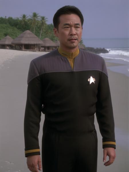 asian man in ds9st uniform,yellow collar,on a beach<lora:DS9XL:0.8>