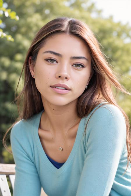 extreme closeup portrait of (MarlaNobodySD15) woman sitting on a park bench in public wearing a sweater and pants, bright morning sunlight, (masterpiece:1.2) (photorealistic:1.2) (bokeh) (best quality) (detailed skin:1.3) (intricate details) (8k) (HDR) (analog film) (canon d5) (cinematic lighting) (sharp focus)