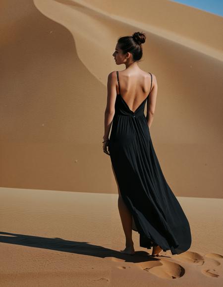 analogue photo of a beautiful 25 years old woman, high resolution image, (swahili woman), A photo-realistic shoot from a profile camera angle about a woman in a flowing black dress standing on a sand dune, facing away from the viewer, in an indoor setting with a dark, smoky background. the image also shows soft lighting and shadows. on the middle of the image, a woman who appears to be in her mid-twenties, with fair skin and a slender physique, is standing with her back to the camera, wearing a black, sleeveless, bare-shouldered dress that flows down to her knees, barefoot, with her bare arms and legs visible. her hair is styled in a single hair bun, and she is looking to the side with a calm and serene expression. her eyes are directed to the left, and her ears are not visible. she is barefoot and her feet are bare. the background is dark and smoky, with soft shadows and shadows, creating a sense of depth and atmosphere.