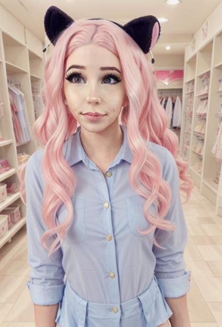 modelshoot style, belle delphine at shopping wearing a blue shirt