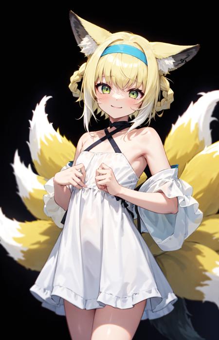 1girl, suzuran \(arknights\),  animal ear fluff, green eyes, blonde hair, blue hairband, braided hair rings, fox ears, fox girl, fox tail, kitsune, multiple tails, flat chest, happy,
light transparent summer dress, bare shoulders, bare hands,
black background