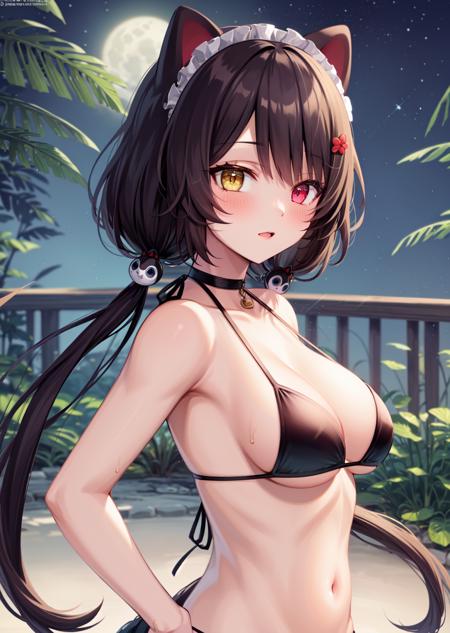 <lora:inuiToko-000008:0.7>,inuiToko, long hair, low twintails, heterochromia, red flower, maid headdress , , large breasts , dog ears, animal ears, tail,
masterpiece, best quality, (twincle eyes:1.1),1girl,solo,wet skin ,(bikini :1.2),(clavicle),(hand on hip:1.1),upper body