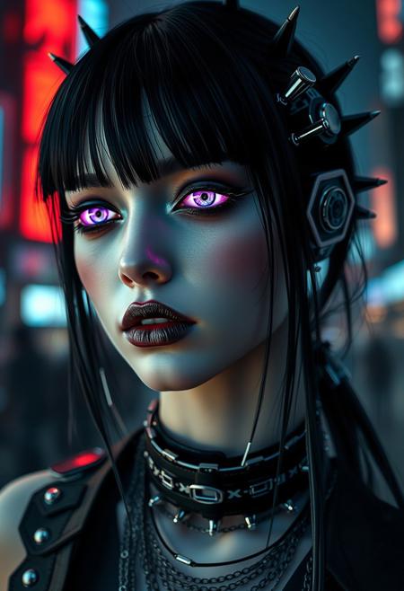A close-up portrait of a cybernetic goth girl, her pale porcelain-like skin glowing softly under the neon haze of a futuristic city. Her sharp, cybernetic eyes emit a faint violet glow, casting a subtle reflection on her cheeks. Smudged black metallic makeup extends under her eyes, blending seamlessly with digital circuitry patterns that streak down her face like artificial tears. Her lips, painted with a reflective chrome-black sheen, contrast with the cold, dark atmosphere. Around her temples, mechanical implants flash faint red and purple lights, their design intricate and gothic. Her slick black hair is sleek and interwoven with fine, metallic strands that catch the dim neon glow from the background. She wears a high, spiked cyberpunk choker fused with delicate wires that trail down her neck, adding to her enigmatic presence. The blurred backdrop reveals faint silhouettes of gothic skyscrapers and falling digital rain, creating a somber yet futuristic ambiance.