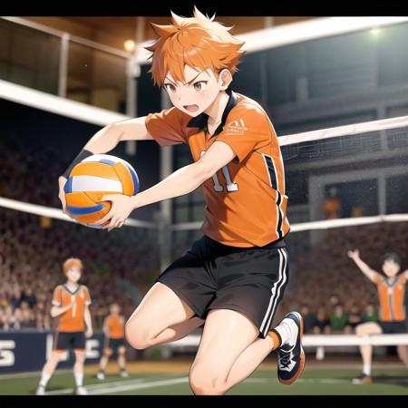 <lora:Shoyo Hinata:0.6>,Shoyo Hinata,ultra detailed face,1boy,playing voleyball,spiking the ball in air,over the net,jumping,short orange hair,volleyball outfit,angry look,side view,closed mouth,short neck,pointy chin,cat eyes,full body,receving the ball with his hands,crow fethers behind him falling down,jumping in the air