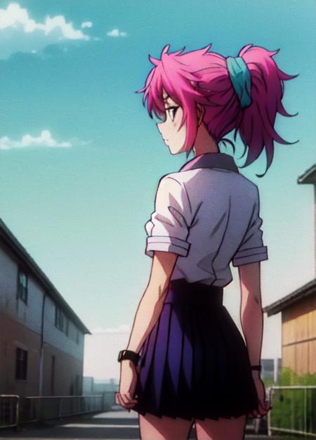 (masterpiece:1.2), (4k wallpaper:1.2), (best quality:1.2), (high resolution:1.2), HxHmachi, 1girl, solo, pink hair, (ponytail), school uniform, (outdoor), outdoor walkway, (clear sky), animescreencap, <lora:HxHmachi512:0.75>