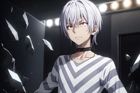 pha accelerator, 1boy, (red eyes:1.4),  accelerator (toaru majutsu no index), constricted pupils, white hair, shirt, solo, choker, striped shirt, striped, albino, earphones, pants, hair between eyes, short hair, collarbone, white shirt, crazy eyes, explosion, ruins,
(masterpiece:1.2, best quality), high contrast, ((cinematic light)), black light particles,(broken glass), portrait, upper body,
<lora:accelerator-v1-ph_16:1>