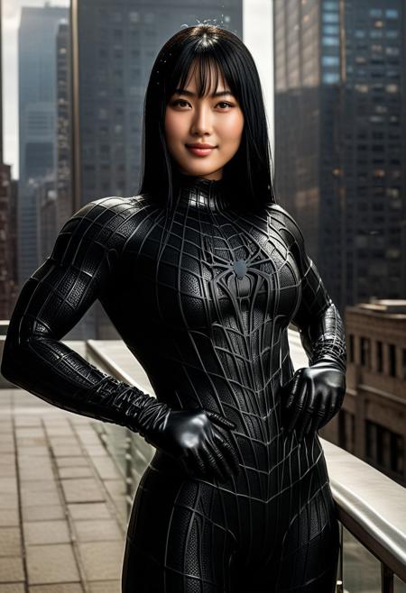 score_9, score_8_up, score_7_up, best quality, realistic, masterpiece, beautiful detail, hyperrealistic, cafe, ((1girl, woman body, huge breasts)), amazing detailed full body portrait of a beautiful japanese girl, wearing a realistic and highly detailed black raimi spider-man suit, ((huge muscular girl)), professional model wears ultra - detailed black raimi spider - man suit, ultra - detailed and grained black raimi spiderman suit, suit covered entire body and hand, black spiderman gloves, wet, (full body), (chilling pose), smile, black hair, octane render, highly detailed, volumetric, dramatic lighting, (highest quality:1.1), (HDR:1.3), (top quality, best quality), realistic, high definition, Expressionism - sharp focus, professional photography, masterpiece, ultra detailed photograph, high quality, 8k,