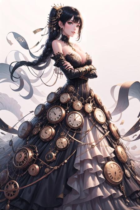 <lora:wrenchclockworkcharm:1>, wrenchclockworkcharm, long hair, gown, solo, light smile, simple background, green dress, layered dress, black hair, cleavage, (crossed arms:1.2),