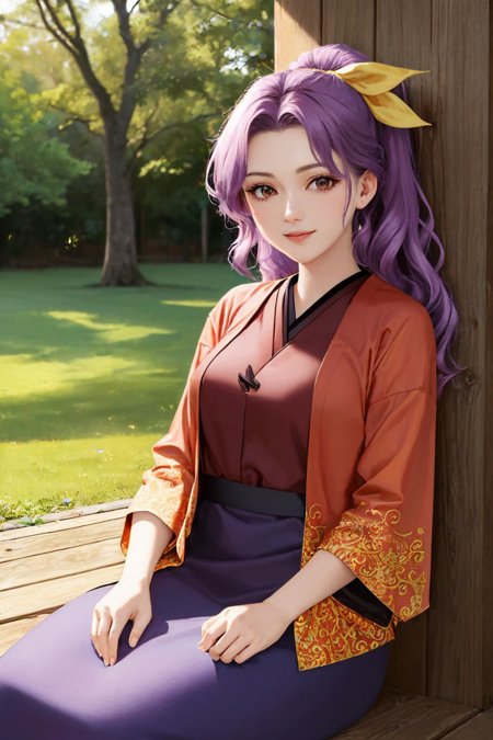 komakusa sannyo holding smoking pipe ponytail hair ribbon japanese clothes red kimono wide sleeves purple skirt