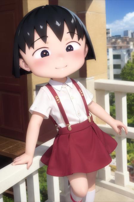 chibi, cbmrk, suspenders, black hair, short hair, red skirt, white shirt, smile, balcony <lora:chibi_maruko-000003:1>