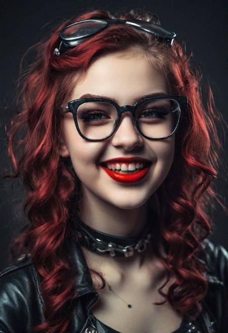 a gorgeous cute 20-year-old dream-woman with an evil smile; red lips; wearing nerdy glasses; alluring heavy metal attire