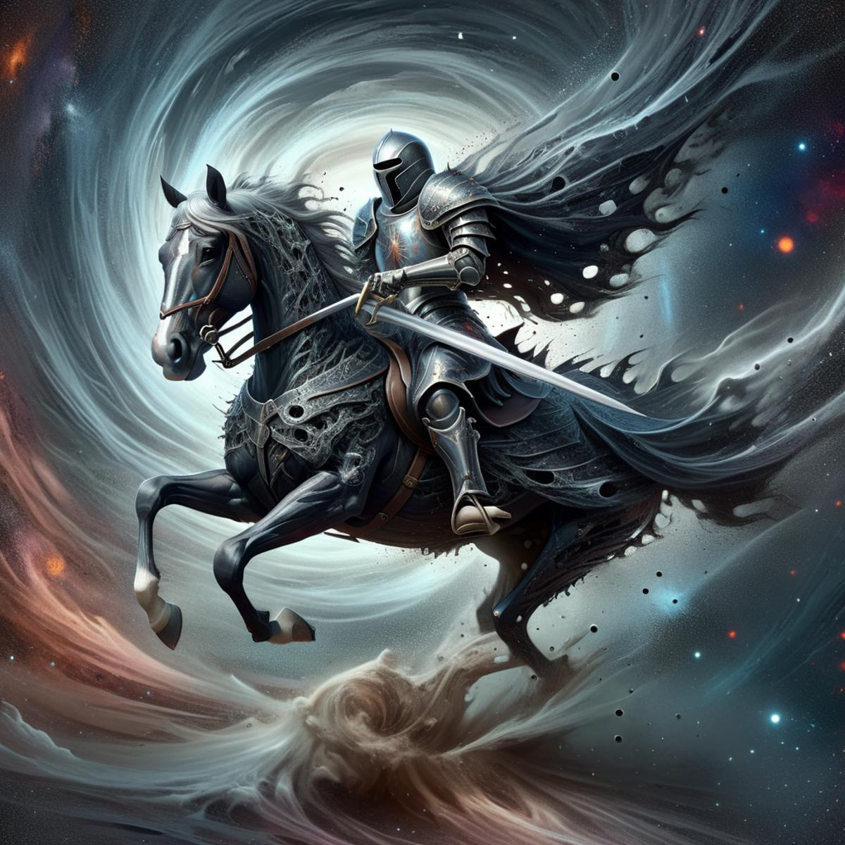 A knight in armor riding a black horse with white feet, possibly a warhorse.