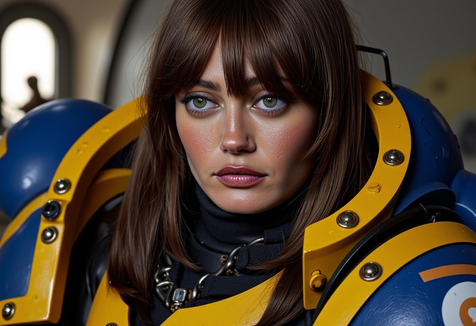 human hybrid the head ellaPurnell woman wiuth no make up, with long brown hair from fall out wearing 
  yellow and blue space marine armour, in a fall out shelter, dirty
