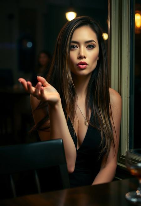 The image captures a realistic photo, showcasing a dimly lit, intimate indoor setting, possibly a café or restaurant, at night. The scene features a woman behind a table. The woman, seated, has long, straight brown hair cascading down her back and fair skin. She is dressed in a revealing, (deep V-neck black dress that accentuates her ample breasts and curves). ((Her expression slightly seductive and giving flying kiss)), direct gaze at the camera. A chair visible left side front of her, slightly blurred. focus on woman