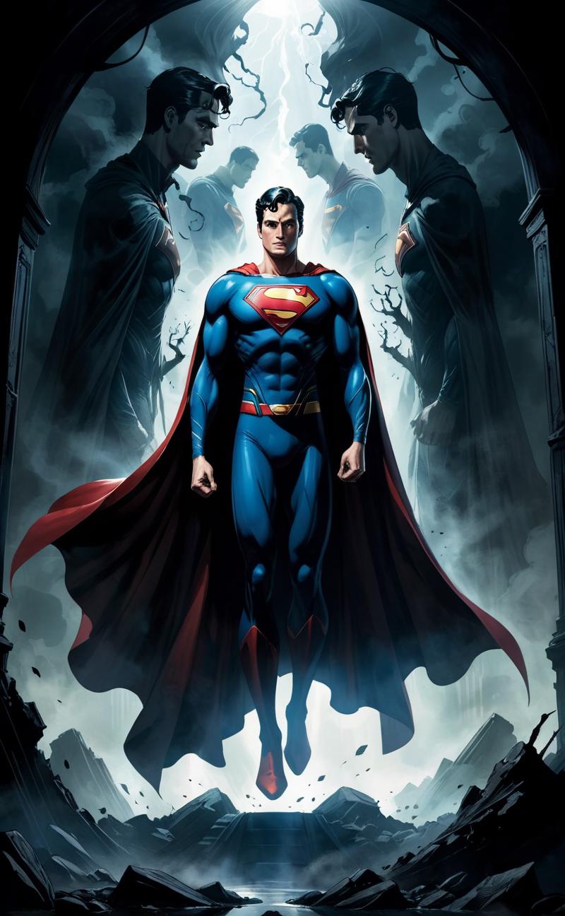 A Superman comic book cover with the superhero standing tall in front of an ominous sky.