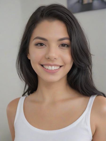 Portrait closeup photo of g1n4v4l3ntn4 woman, white tshirt, face smiling, in a bedroom