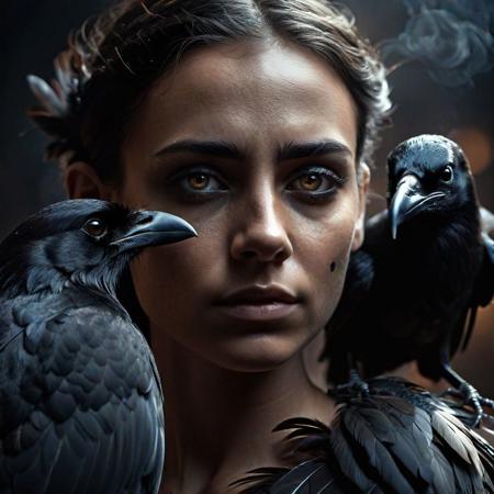 a cinematic scene of a young woman with a black crow and feathers. elaborately detailed, intricately detailed, cinematic realism. perfect eyes, perfect pupils, expressive eyes, insanely detailed face. detailed skin, natural skin, real skin texture. HD, 8k, volumetric lighting, dramatic lighting, clear -dark, smoky, dimly lit, hair backlight, ear backlight. film grain, cool colors, smoke, particle fx, fog, mysterious.