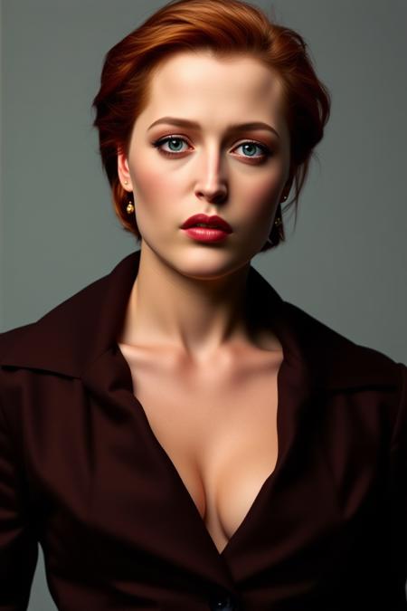 upper body high fashion photo of a woman with red hair. Natural makeup, abstract art, Exquisite detail, high resolution photo, realistic photo, intricate detail, natural lighting, elegant jacket, agentscully
