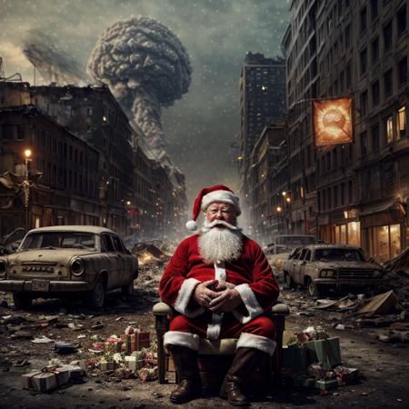 cinematic photo sad santa Santa Claus deliver his last gift on the last day on earth, sitting, dirty cloth, background ,n destroyed city after nuclear blast, bokeh, professional, 4k, highly detailed