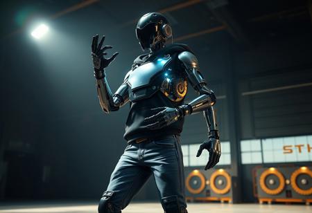 Create a high-resolution, hyper-realistic image of a Teslapunk robot. The robot should be positioned in a dark hangar, illuminated by a spotlight, and adopt an action pose. Incorporate gearwheels, glass elements, and volumetric lighting with caustics. The robot's attire should consist of jeans and a black hoodie. Apply tone mapping and film grain effect for an epic stock photo aesthetic. The image should resemble the style of Stephen Bliss, specifically his 'Tyrant' piece featured on Amiami. The output should be in 8K, with detailed post-processing and an Octane render.