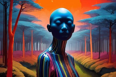 A surrealistic fusion of Reuben Wu's ethereal landscapes with Nick Knight's hyper-realistic models. A Synthetic forest of barcode trees, where creatures with Taro Okamoto's biomechanical limbs frolic and play. The sun sets in vibrant, electric hues, casting long, synthetic shadows that distort the Sharp Focus images of the models. In the distance, a satellite hovers, projecting old school designs onto the landscape, OverallDetail