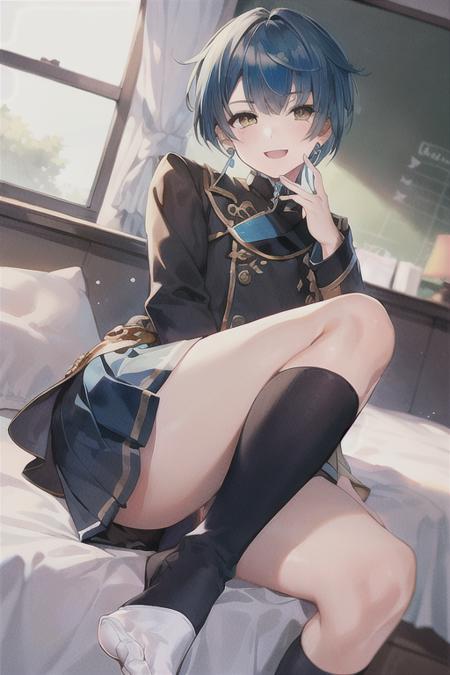 <lora:xingqiu-000018:0.7>,1boy,solo, light blue hair, fluffy medium-short hair, bangs,earrings, brown eyes, {Round eyes}, rounded Eyelids, Brilliant smile, blue and black Military highschool dress, Fuller face,((school uniform)), (show foot), bed classroom, finely detailed_fingers, ((masterpiece,best quality)), dynamic angle, (beautiful delicate face:1.1), solo,(1boy:1.3), masterpiece, best quality,