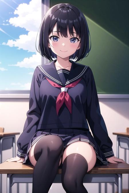 (masterpiece),  classroom,  1girl,  smile,  short hair,  bob cut,  black hair,  hair ribbon,  school uniform,  serafuku,  thighhighs,  sitting