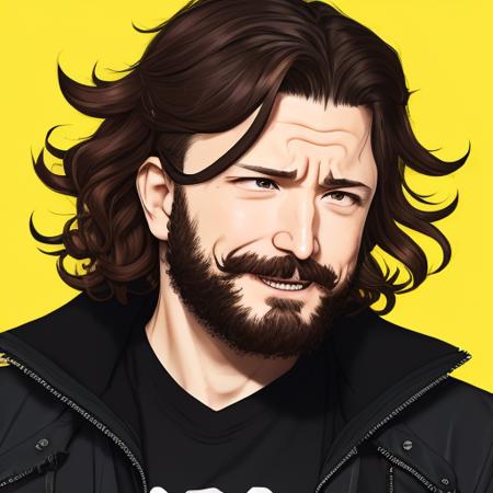 anime style illustration of (NikoPueringer:0.99) a man with short brown curled hair, solo, 1boy, wearing a (black jacket:1.3) with a feathered ruff, (with a beard and facial hair:1.1), (detailed face:1.4), (grey eyes:1.2), open mouth, (with an angry look on his face:1.1), high quality, high detail, masterpiece, art by Tomioka Jirou