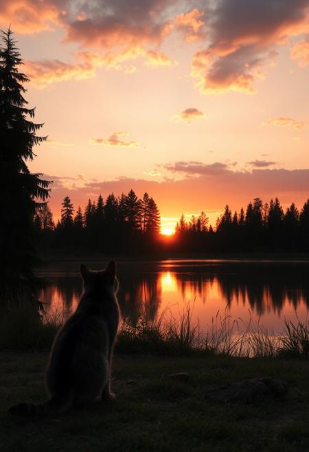 ultra realistic sunset on a lake near the forest, one stray cat enjoying the view