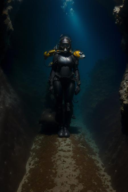 dark, 1girl, scuba diver, mask, helmet, huge breasts, swimming, full body, cave, depths-fc, undersea, <lora:depths-fC_v1.0:0.7>