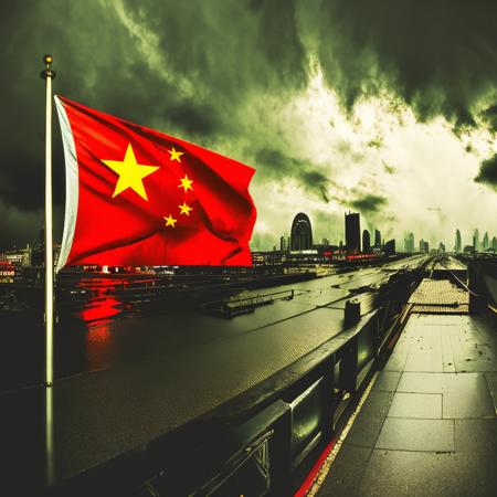 the China  flag,ChinaFlag,Hyperrealistic,Hyperdetailed,realistic,masterpiece,best quality,ultra realistic,High Detail,<lora:AsiaFlags01-000002:1>,Cinematic Lighting,in winter,rain,rainy days,cloudy,city,cityscape,street,
