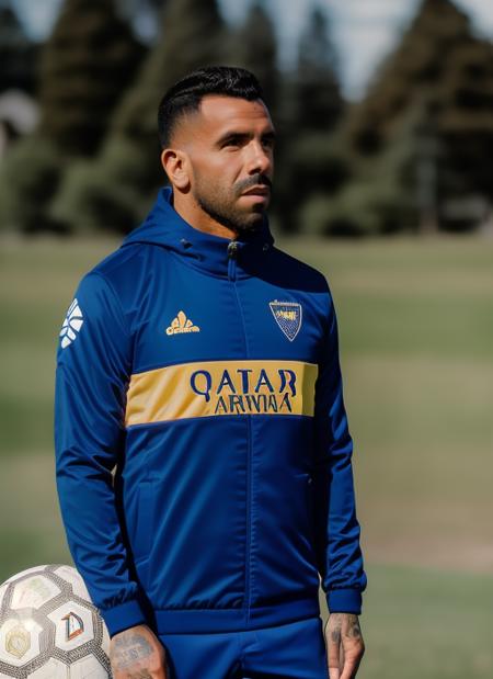 portrait of sks man (tevez:1), serious look with very short hair, dressed with blue jacket, holding a (soccer ball:1.3), (outdoors:1.2), natural lighting, 4k, 8k, 8k realistic, sharp focus, intricate, high resolution  <lora:tevez:1>