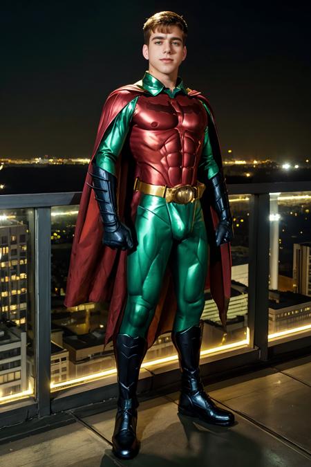 evening, rooftop ledge of building, cityscape below, confident JoeyMills is dressed as Robin in (movie Batman Forever), metallic sheen, Forever, green arms, Forever2, nipples, cape, yellow belt, muscled outfit red, Br, green legs, red crotch, (((full body portrait))), (full body), wide angle, <lora:JoeyMills:0.8>  <lora:Robin:0.8>