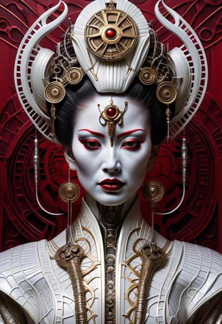 A surrealistic portrait of a white geisha is transformed into a biomechanical masterpiece inspired by H. R. Giger. The background is integrated with the geisha, revealing a symmetrical biomechanical design with metallic textures. The color scheme is dominated by light silver and dark crimson, with gold accents highlighting the intricate patterns. The composition is symmetrical, seamlessly blending organic and mechanical features to create a surreal, otherworldly atmosphere,kimono,red background