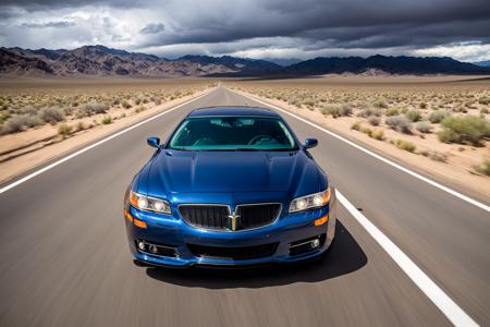((best quality)), ((masterpiece)), ((realistic)), (detailed),4K, absurdres, HDR, photography
steel blue Pontiac Grand Prix driving on the highway throught the death valley desert, chrome, glossy chassis, dramatic scene, thunderstorm with lightnings at the horizon, dramatic angle, low angle, (focus car:1.2), (motion blur:1.1), wide angle, dust cloud behind the cas, car moving at high speed, car in the centerâââ